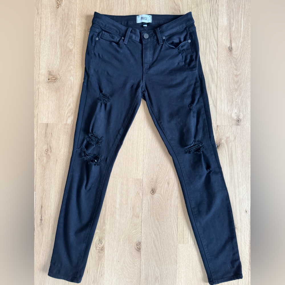 Paige Verdugo Ultra Skinny Black Distressed Jeans Size 27 Stretch Denim